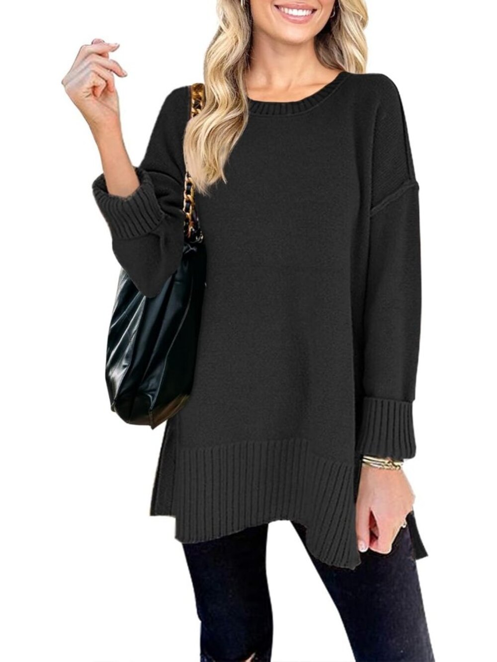 Women's Black Fall Winter Oversized Casual Pullover Tunic Long Sleeves Sweater